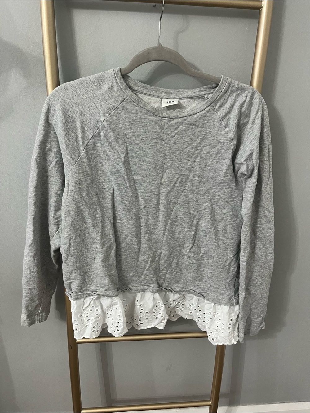 ASOS JDY Grey Layered Eyelet Hem Sweatshirt | Size Medium